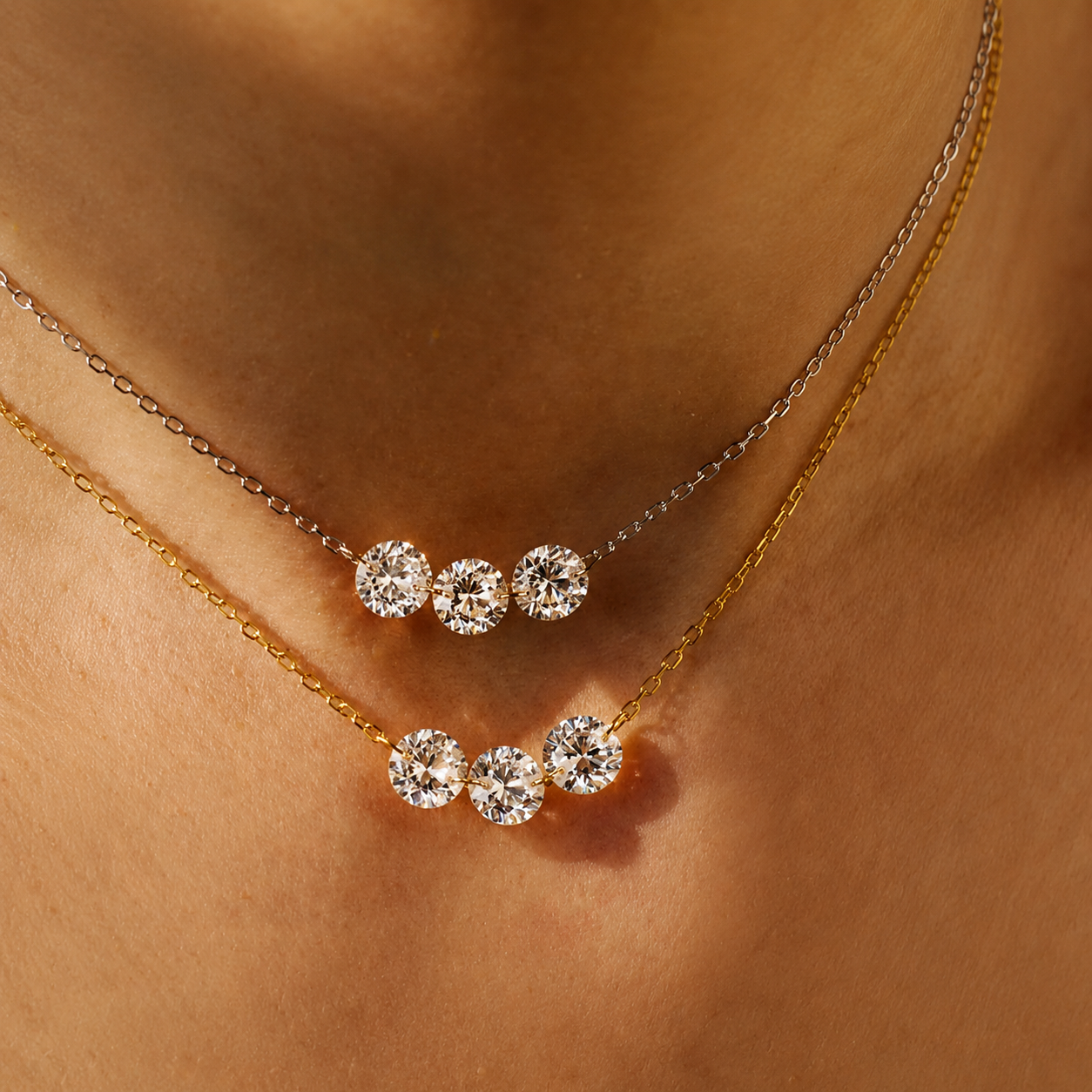 Collier en Argent Véritable S925 avec 3 Zircons Etincelants