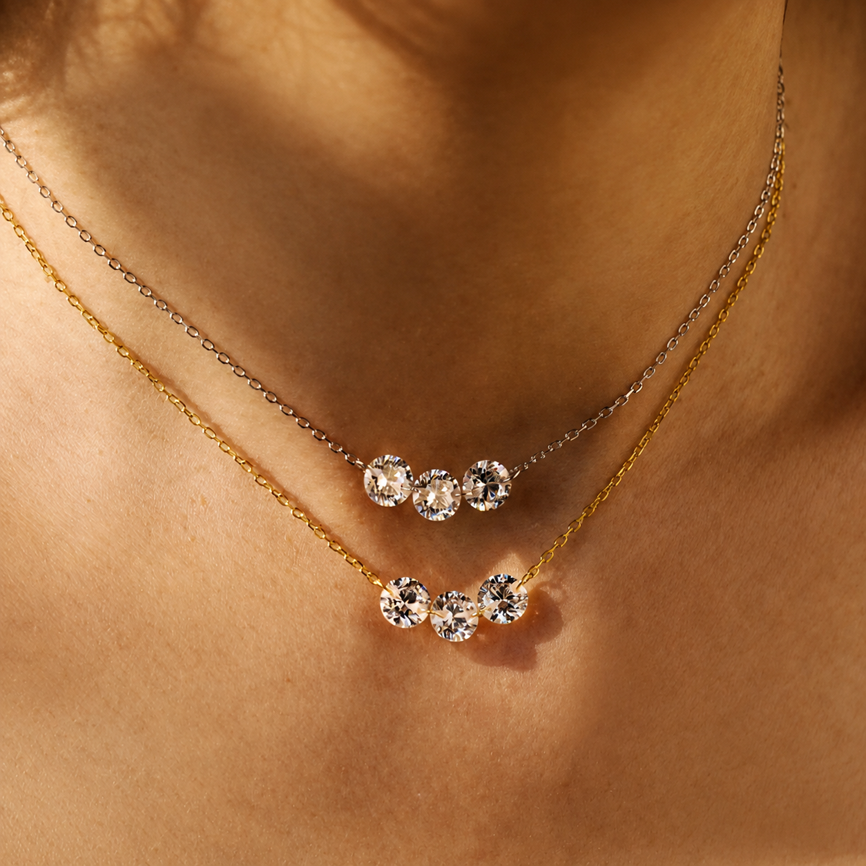 Collier en Argent Véritable S925 avec 3 Zircons Etincelants