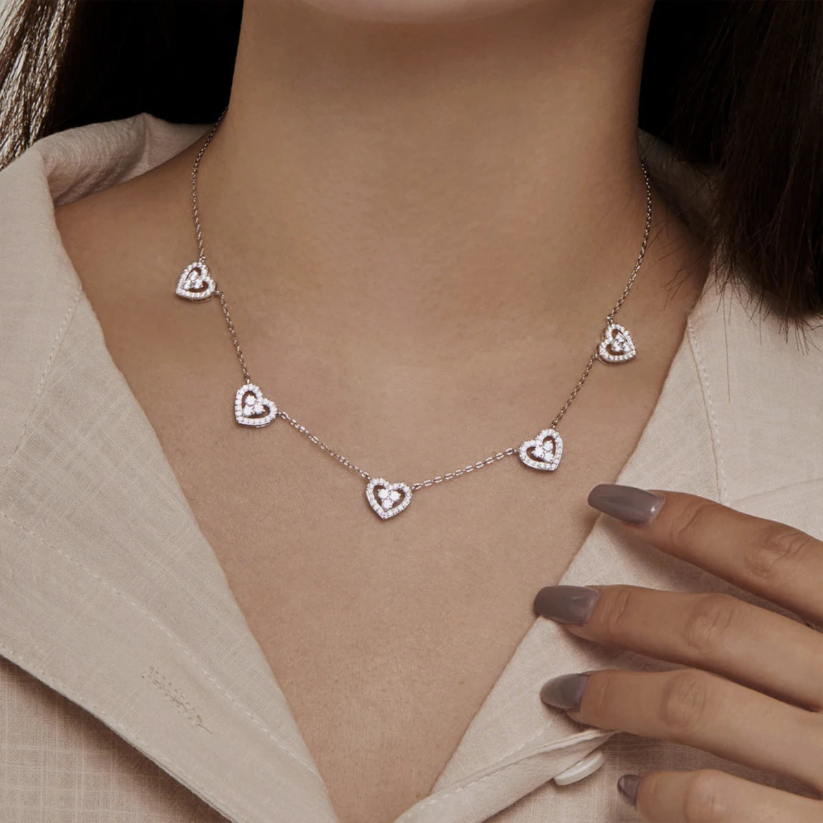 Collier Argent 5 Coeurs